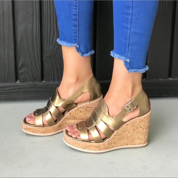 Bronze Chic Strappy Genuine Leather Caged Wedges - Picture 2 of 6